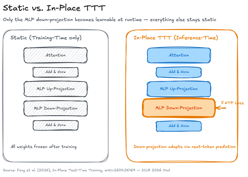 Two-panel comparison: on the left, a classical transformer block with frozen weights (grayed-out and hatched); on the right, the same block with In-Place TTT — the MLP down-projection matrix is highlighted and receives gradient updates during inference, driven by a next-token-prediction objective.
