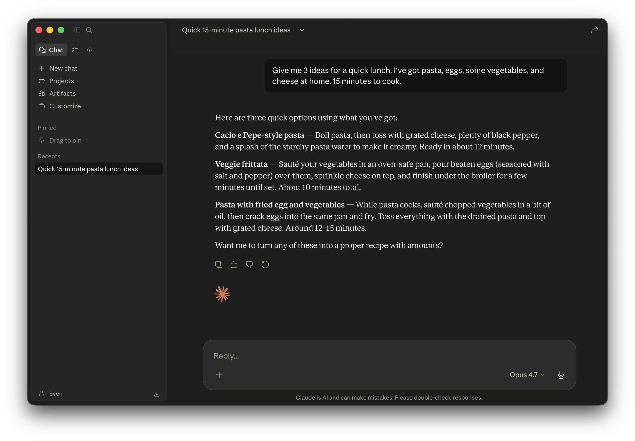 Screenshot of the Claude Desktop app: A user question asking for three quick lunch ideas based on available ingredients. Claude responds with three numbered recipe suggestions (Cacio e Pepe-style pasta, veggie frittata, pasta with fried egg and vegetables) and asks at the end about the specific vegetables available.