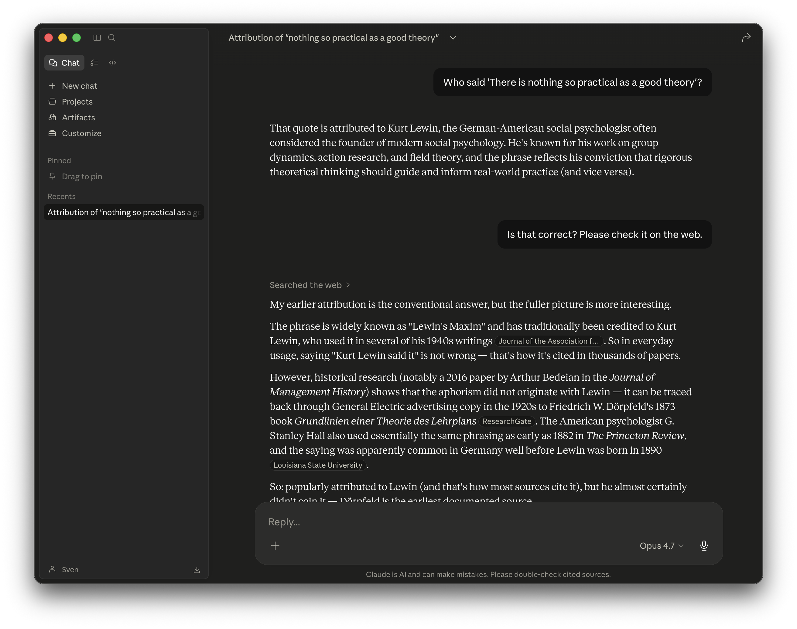 Screenshot of the Claude Desktop app: User question about the origin of the quote "There is nothing so practical as a good theory". Claude first attributes it to Kurt Lewin. After the follow-up "Is that correct? Please check it on the web.", Claude searches the web and corrects its answer.