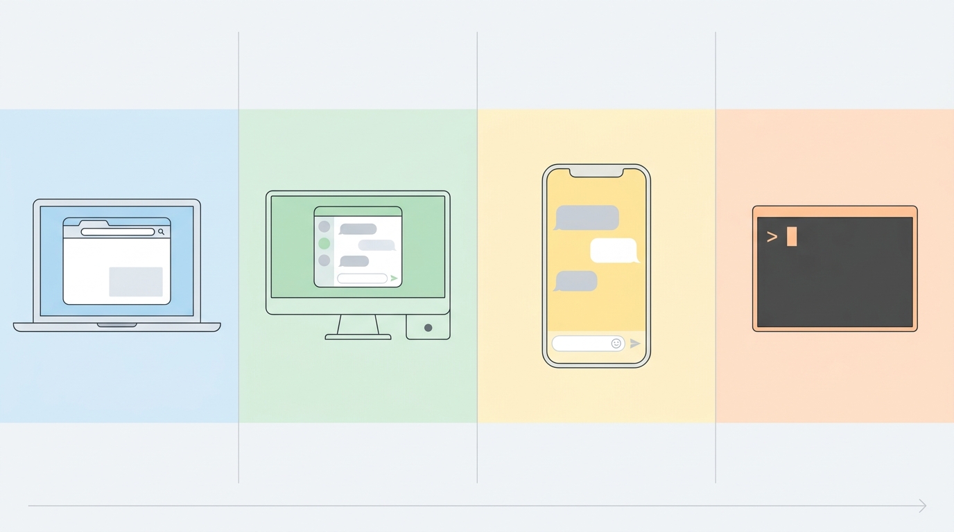 Four panel icons side by side in pastel colors: a laptop with a browser window, a desktop computer with a chat application, a smartphone with a chat interface, a terminal with a blinking cursor — the four surfaces where Claude is available.